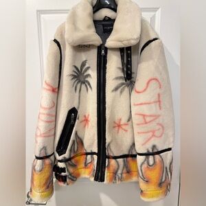 Rockstar Original Faux Fur Moto Jacket Flames Palm Trees Graffiti Streetwear 3XL